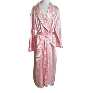 Chance Encounters Pink Satiny Robe Medium Embroidered Floral Belted Long Lounge